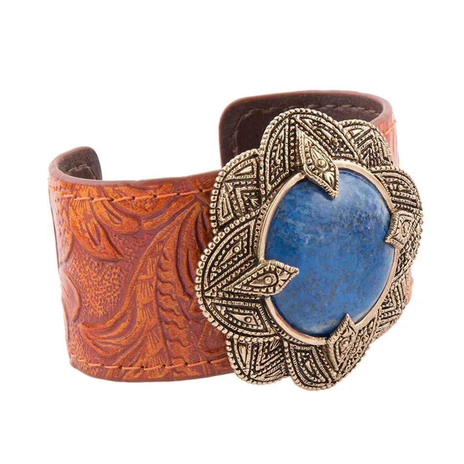 Ornate Blue Lapis Golden Leather Cuff Bracelet sold by Barse