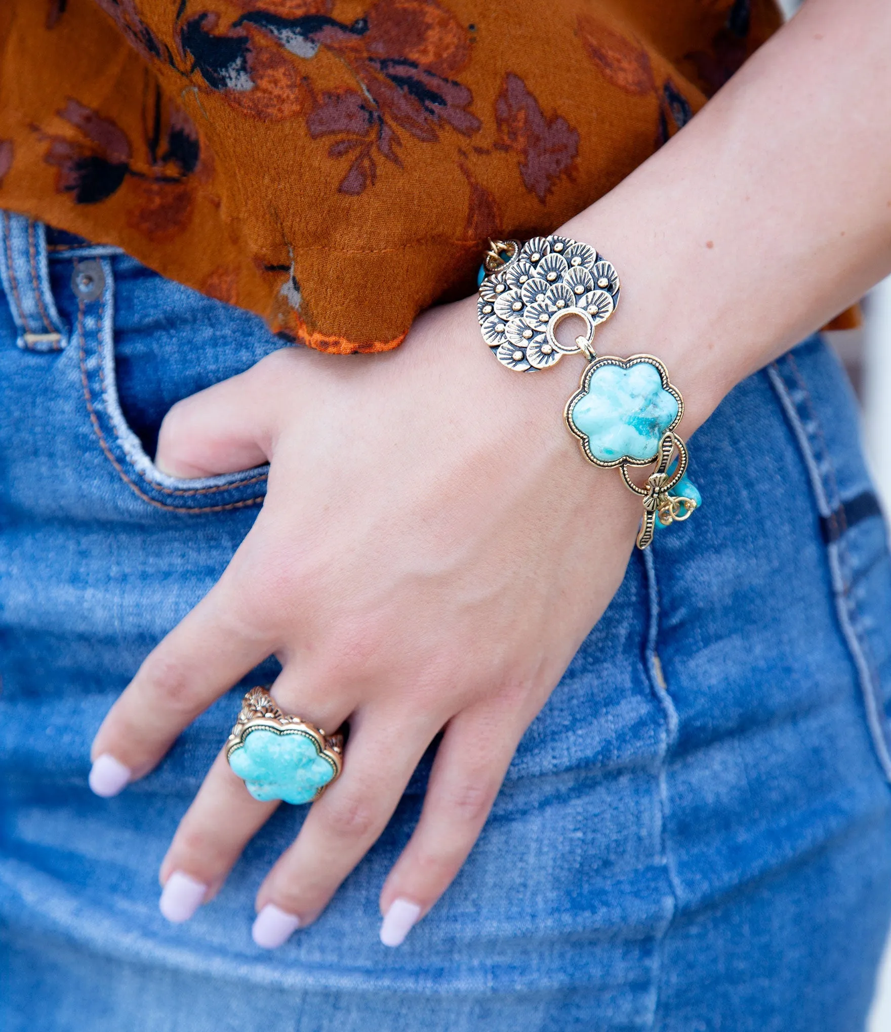 Blue Turquoise Flower Golden Ring sold by Barse product image thumbnail 3