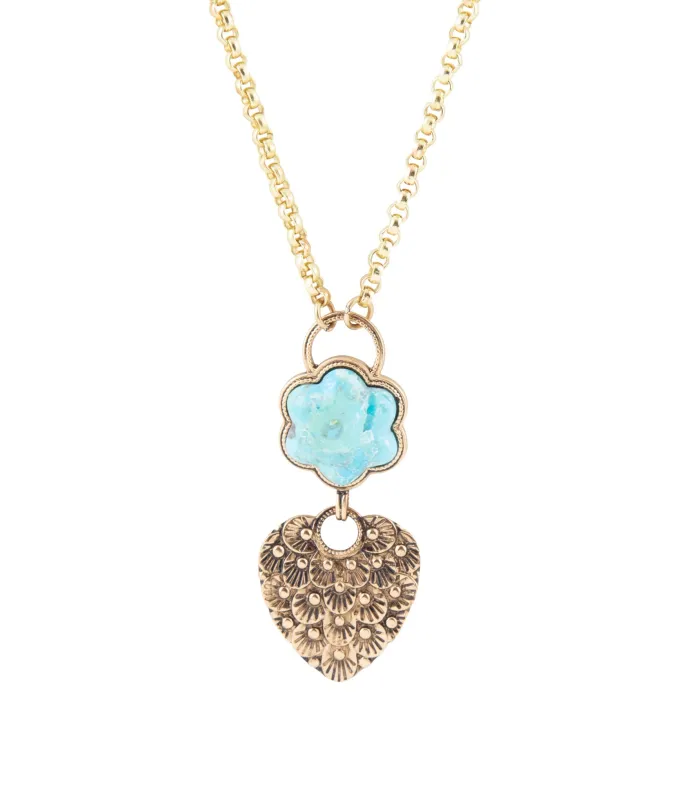 Blue Turquoise Flower Golden Necklace sold by Barse