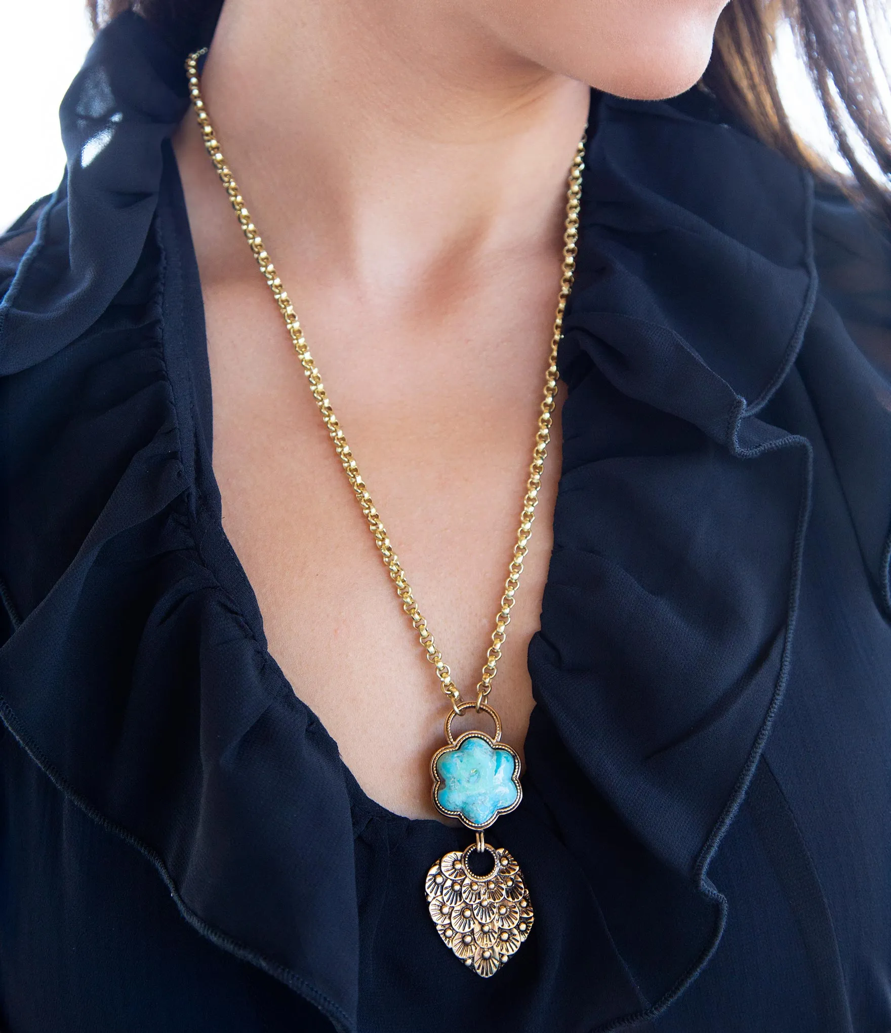 Blue Turquoise Flower Golden Necklace sold by Barse product image thumbnail 2