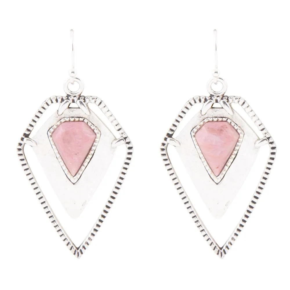 Pink Rhodonite Shield Sterling Silver Drop Earrings sold by Barse