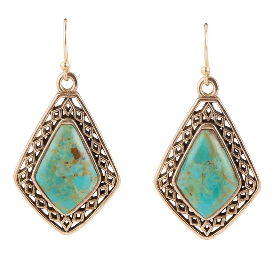 Dimond Blue Turquoise Stone Golden Drop Earrings sold by Barse