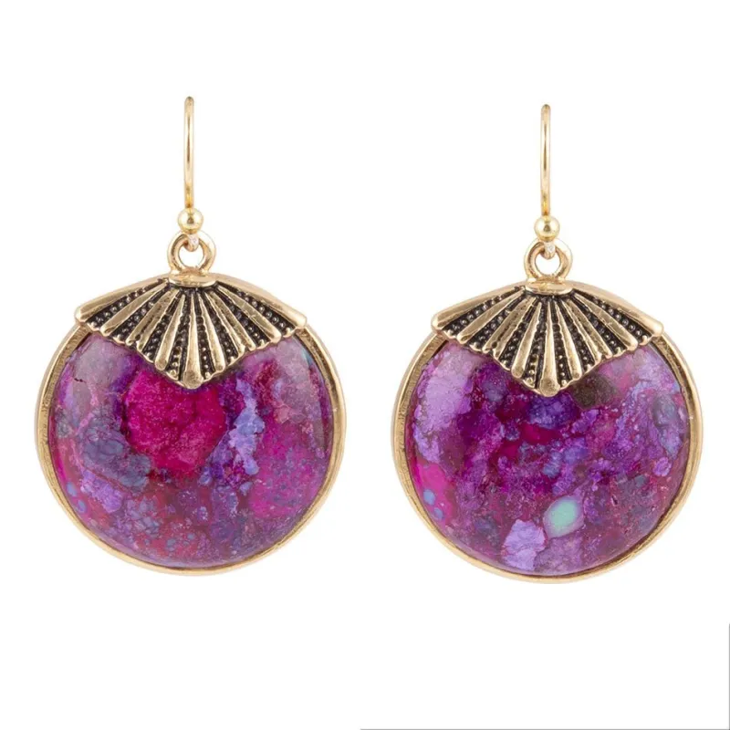 Purple Turquoise Circle Golden Drop Earrings sold by Barse