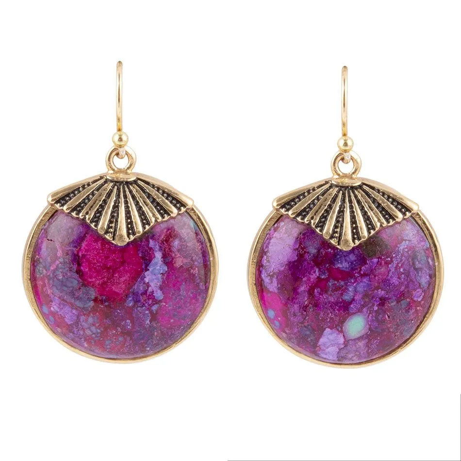 Purple Turquoise Circle Golden Drop Earrings sold by Barse