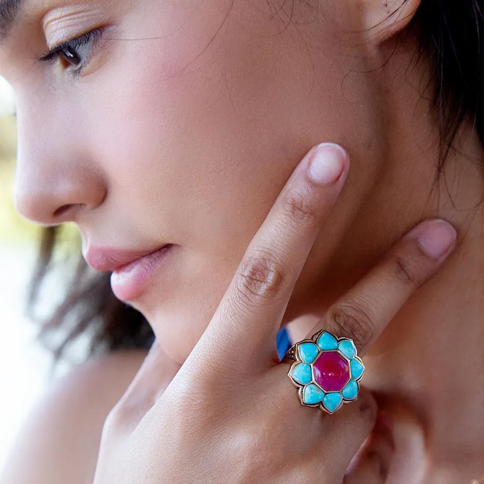 Blue Turquoise and Red Quartz Flower Golden Ring sold by Barse product image thumbnail 2