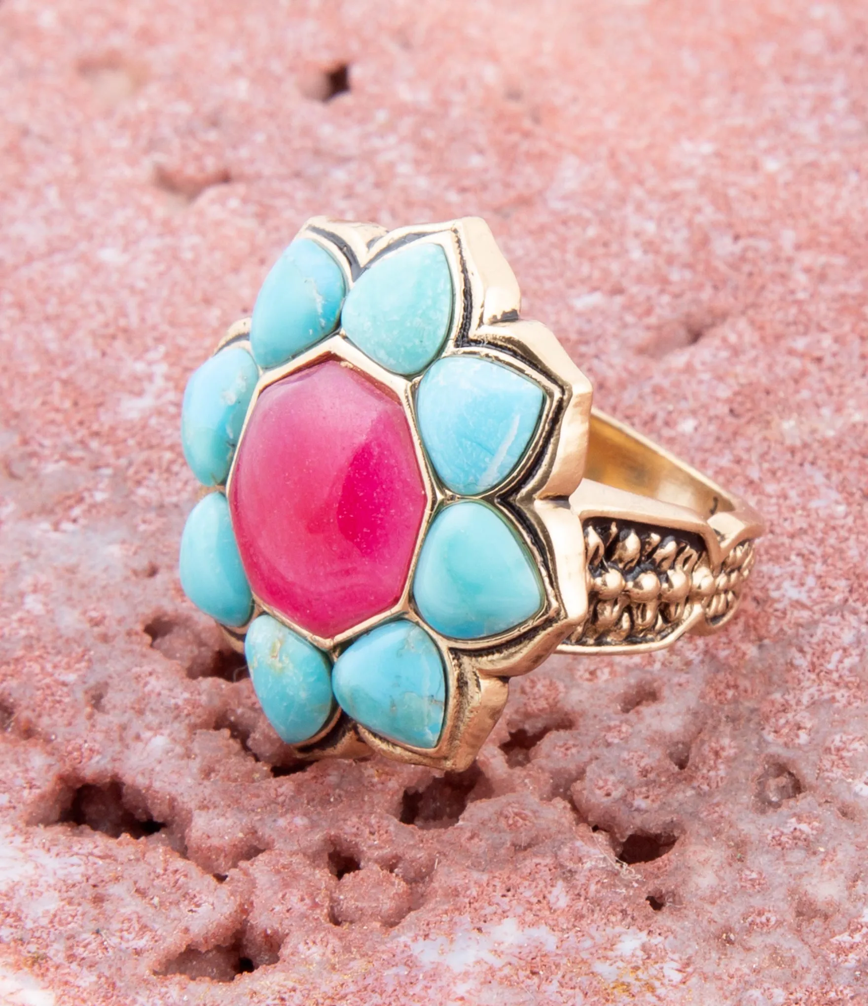 Blue Turquoise and Red Quartz Flower Golden Ring sold by Barse product image thumbnail 3