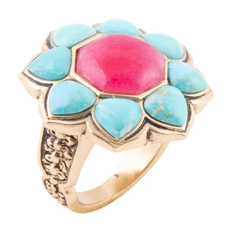 Blue Turquoise and Red Quartz Flower Golden Ring sold by Barse
