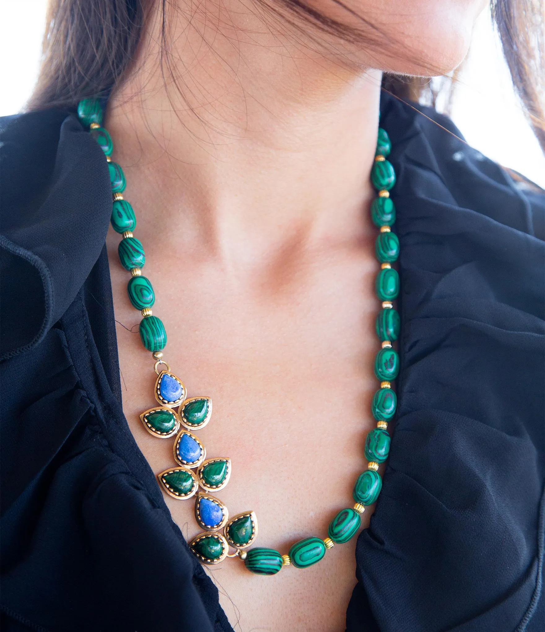 Linked Blue Lapis and Green Malachite Golden Necklace sold by Barse product image thumbnail 2