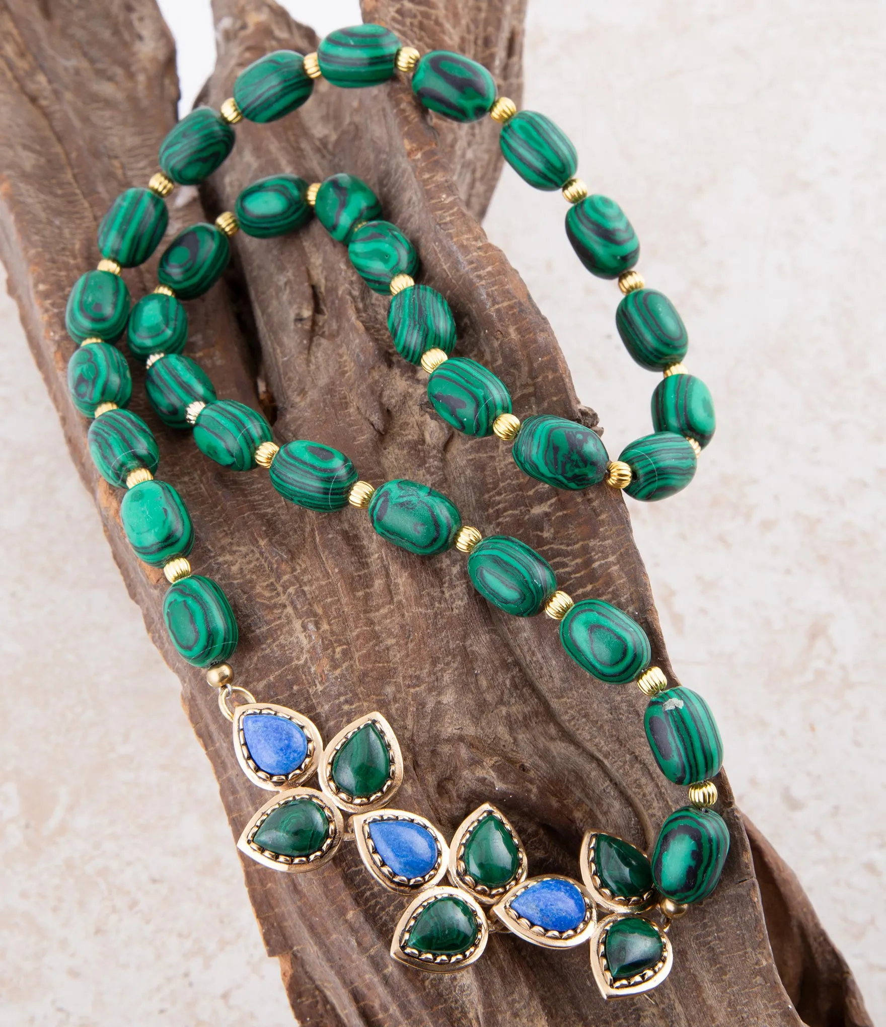Linked Blue Lapis and Green Malachite Golden Necklace sold by Barse product image thumbnail 3