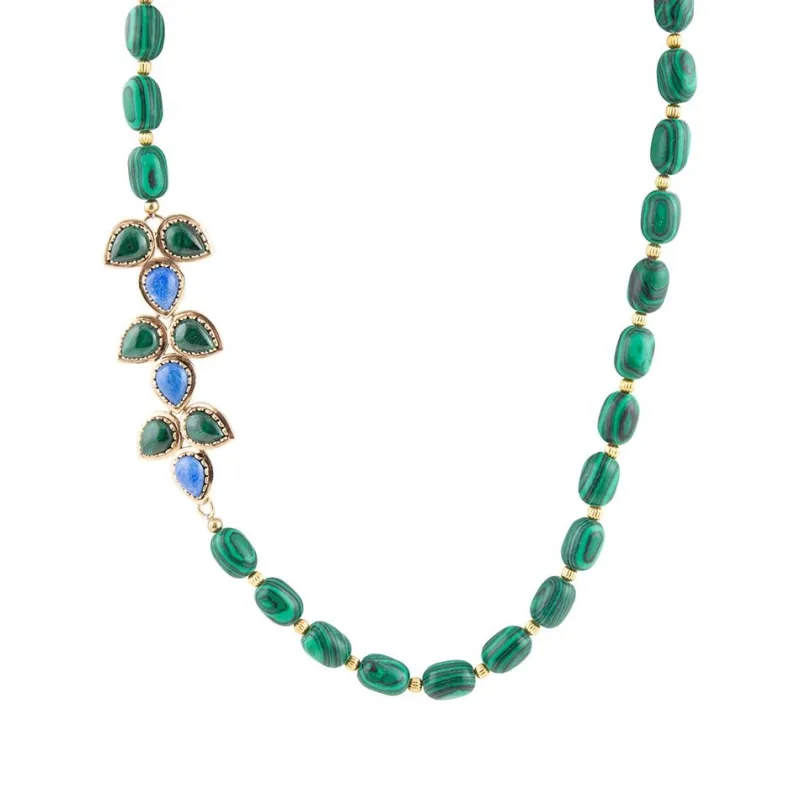 Linked Blue Lapis and Green Malachite Golden Necklace sold by Barse