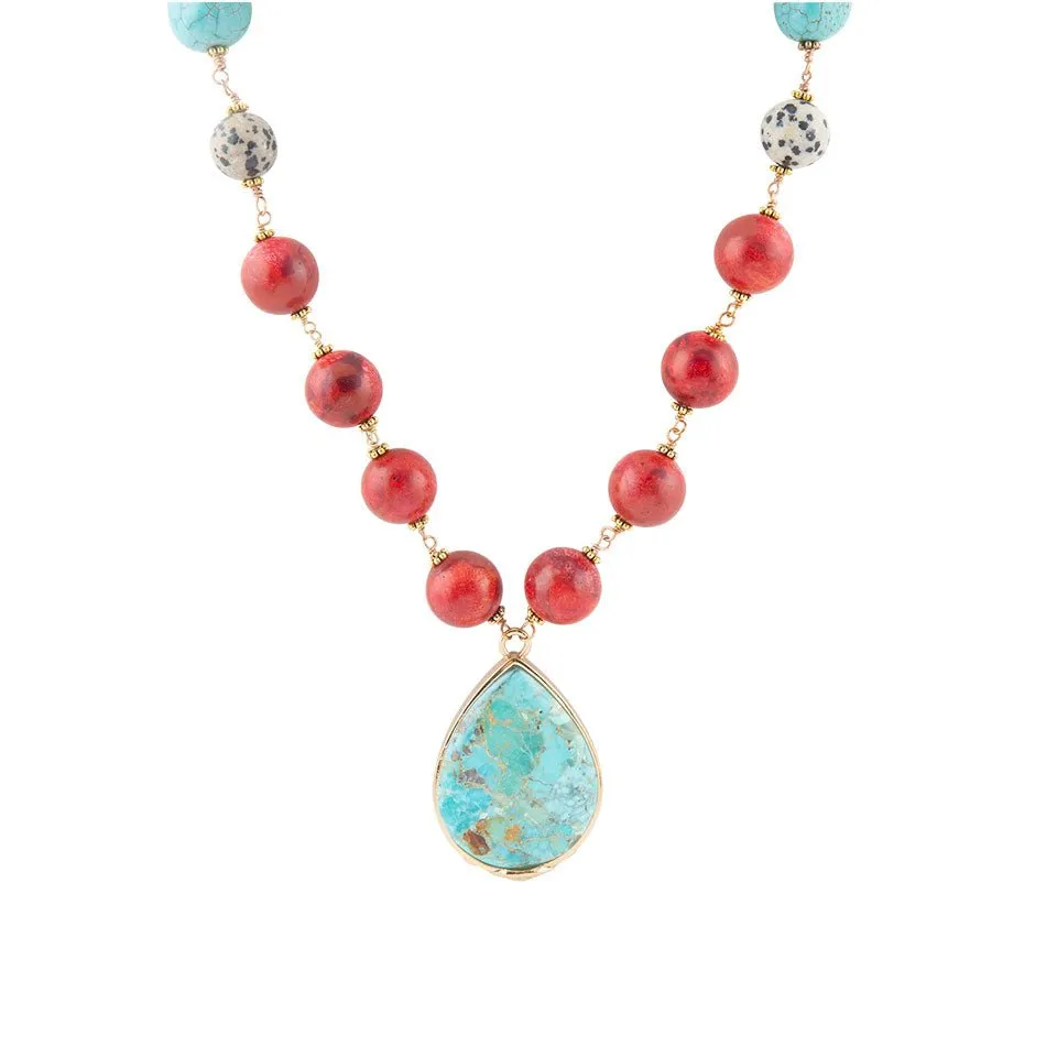 Blue and Red Turquoise Teardrop Golden Necklace sold by Barse