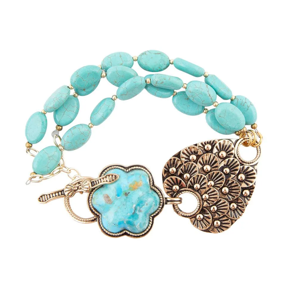 Blue Turquoise Flower Golden Toggle Bracelet sold by Barse