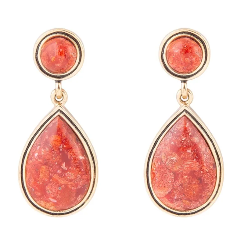 Red Sponge Coral Golden Drop Earrings sold by Barse