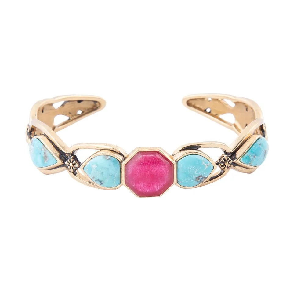 Blue Turquoise and Red Quartz Golden Cuff Bracelet sold by Barse product image thumbnail 3