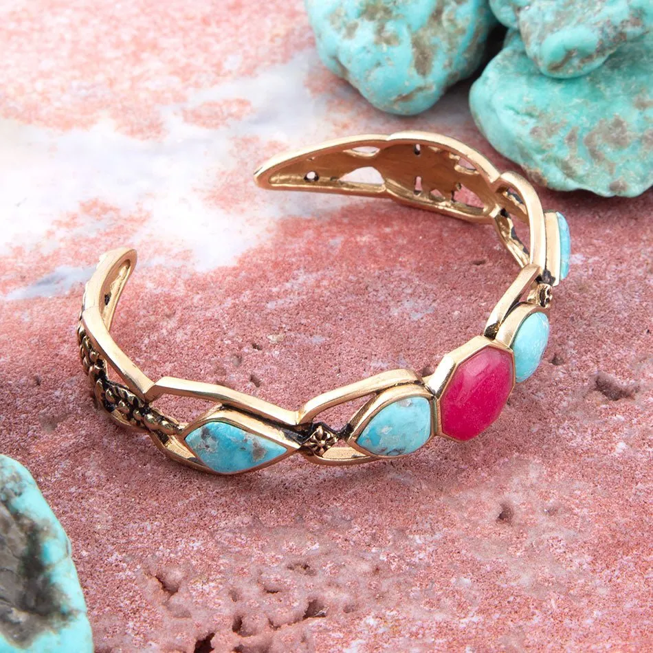 Blue Turquoise and Red Quartz Golden Cuff Bracelet sold by Barse product image thumbnail 2