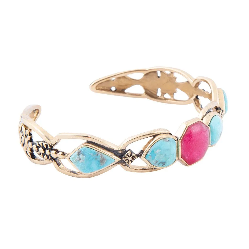 Blue Turquoise and Red Quartz Golden Cuff Bracelet sold by Barse