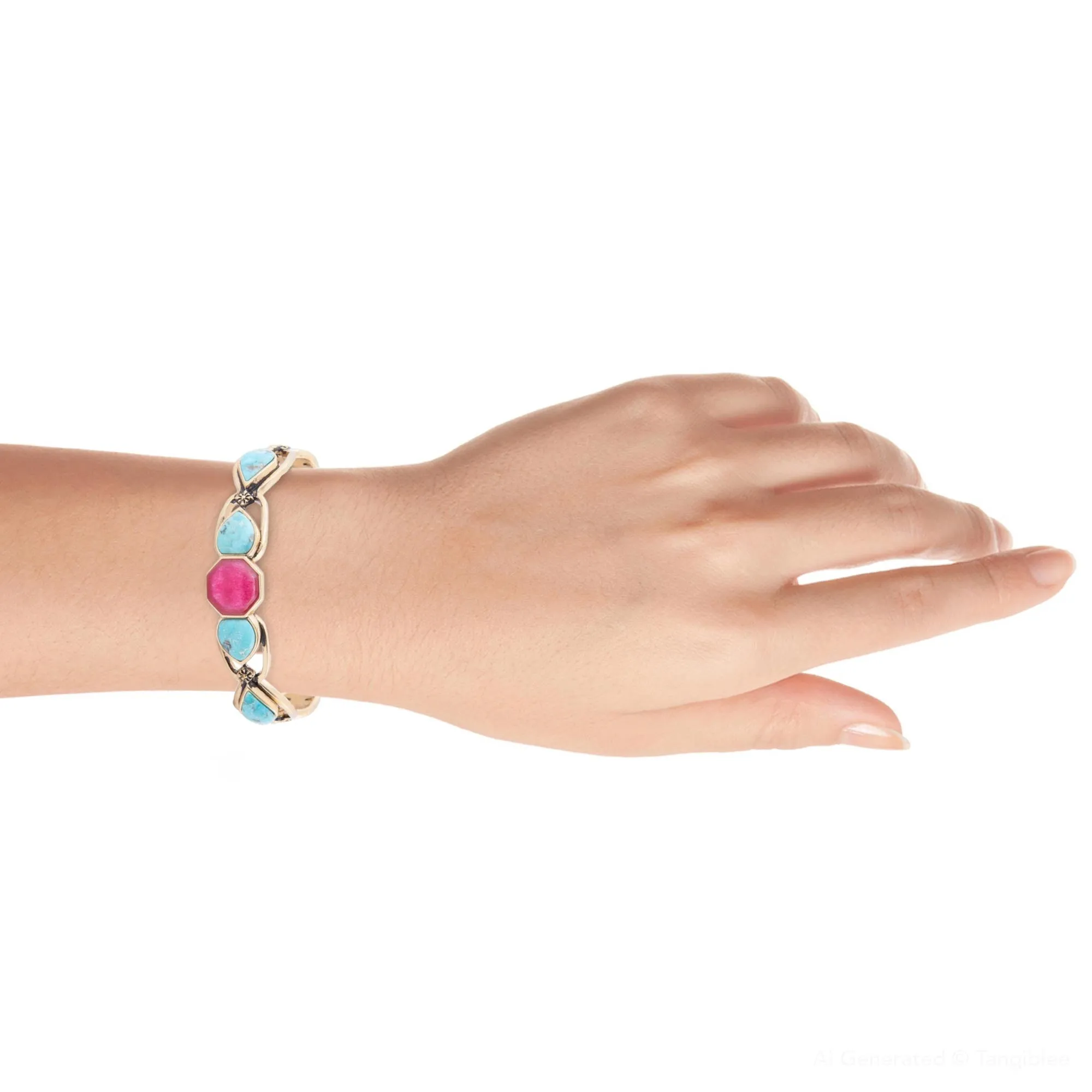 Blue Turquoise and Red Quartz Golden Cuff Bracelet sold by Barse product image thumbnail 4