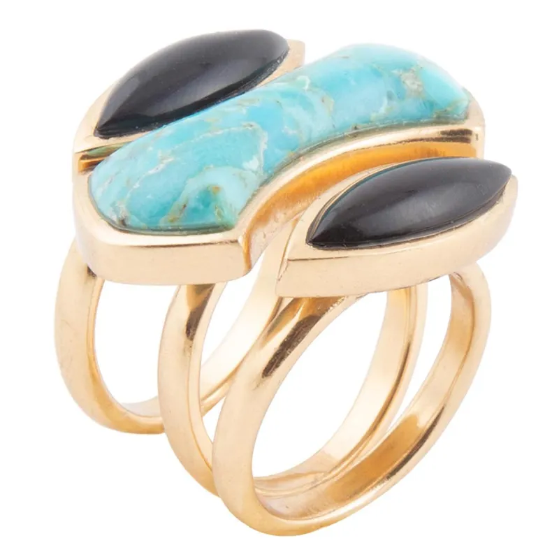 Puzzle Blue Turquoise and Black Onyx Golden Ring Set sold by Barse