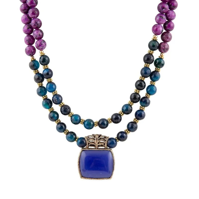 Indigo Blue Agate Pendant Statemen Golden Necklace sold by Barse