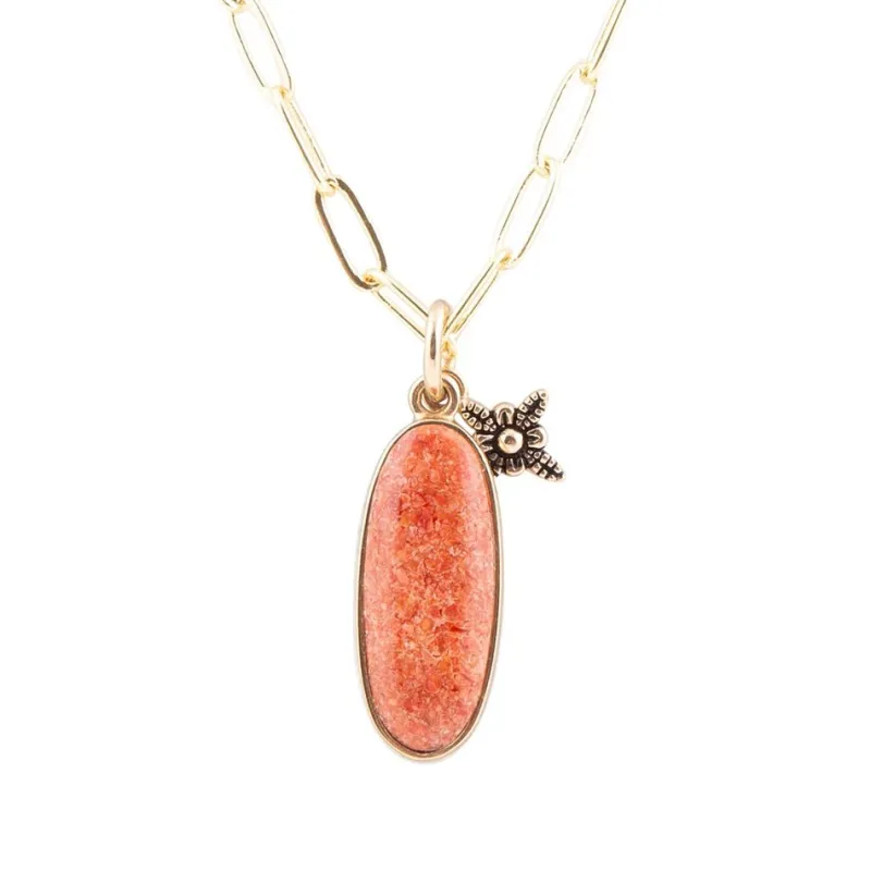 Lucent Orange Sponge Coral Pendant Golden Chain Necklace sold by Barse