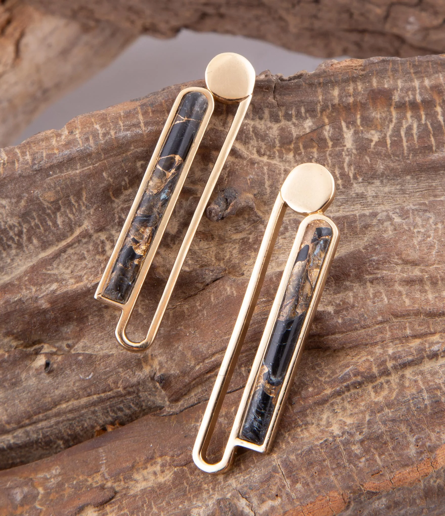 Linear Black and Gold Shungite Matrix and Golden Bronze Earrings sold by Barse product image thumbnail 4