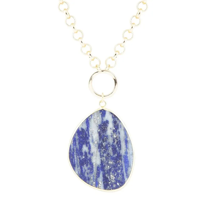 Blue Lapis Slab Pendant Golden Necklace sold by Barse