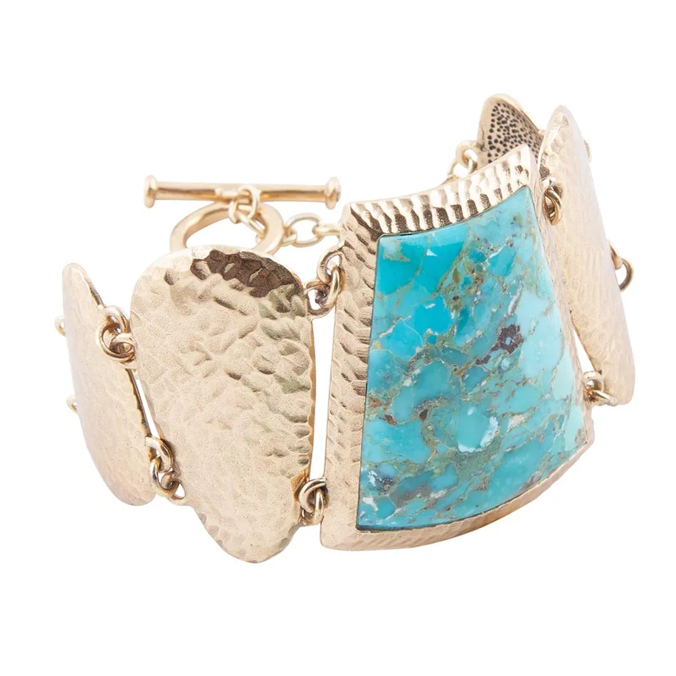 Blue Turquoise Jeweled Statement Link Golden Bracelet sold by Barse