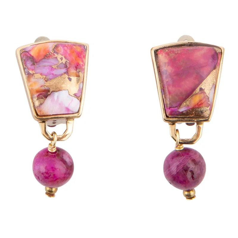 Athena Pink Spiny Oyster Matrix Golden Clip Earrings sold by Barse