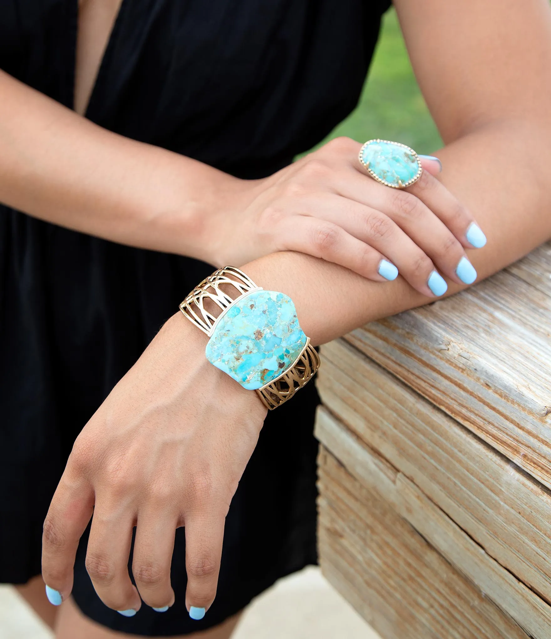 Abstract Blue Turquoise Golden Statement Cuff sold by Barse product image thumbnail 2