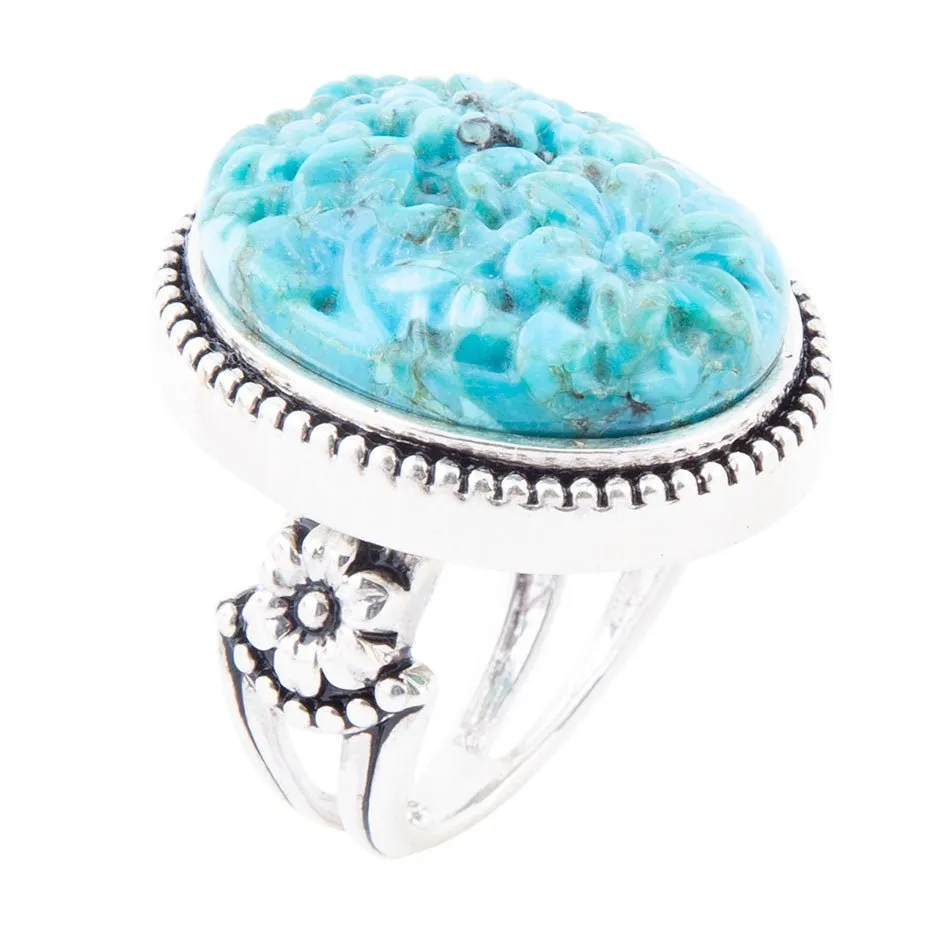 Carved Blue Turquoise and Sterling Silver Cocktail Ring sold by Barse
