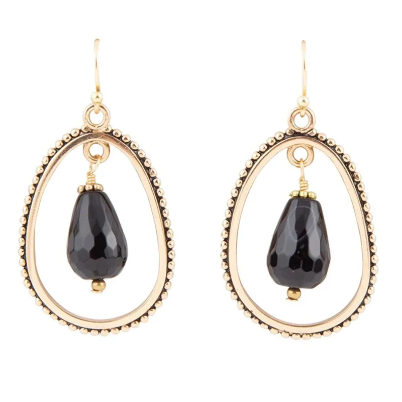 Inline Black Onyx Drop Golden Earrings sold by Barse