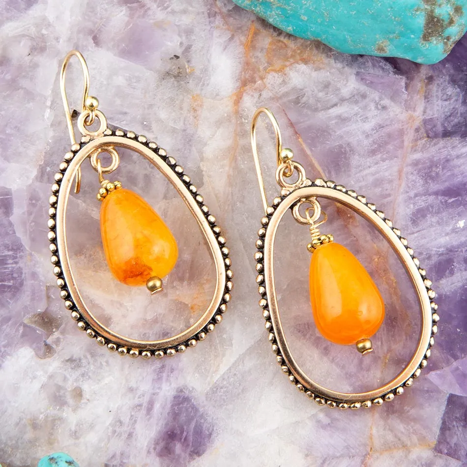 Inline Orange Jade Drop Golden Earrings sold by Barse product image thumbnail 3