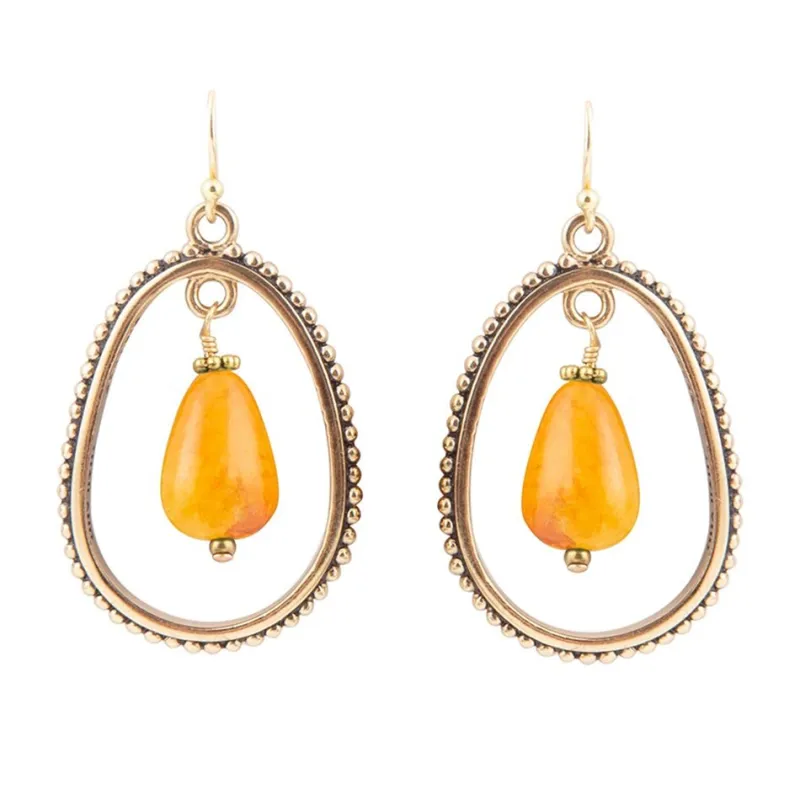 Inline Orange Jade Drop Golden Earrings sold by Barse