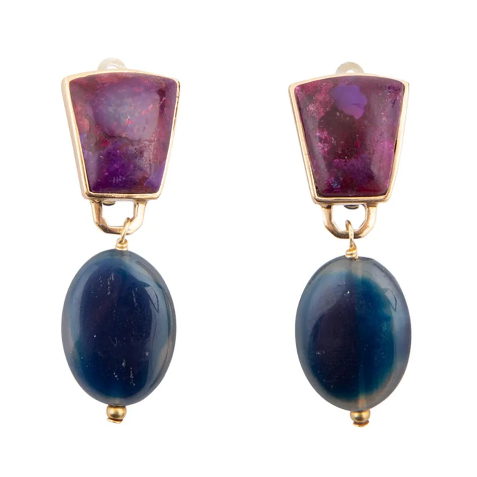 Purple Turquoise Indigo Golden Clip Earrings sold by Barse