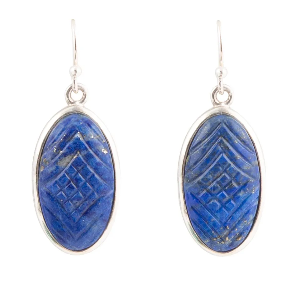 Carved Blue Lapis Sterling Silver Drop Earrings sold by Barse
