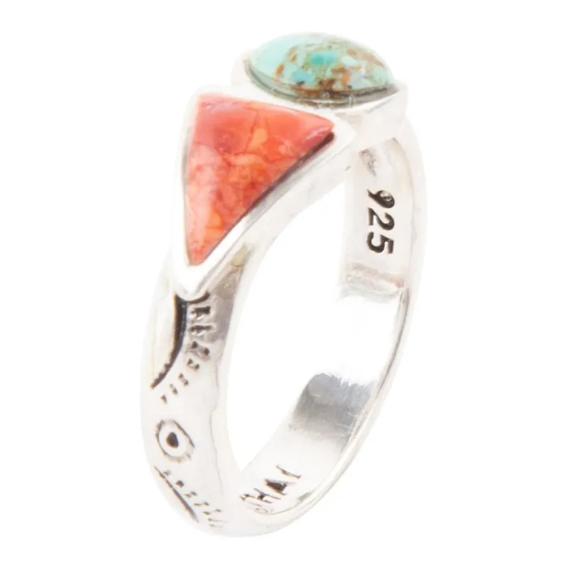 Blue Turquoise and Orange Coral Duo Sterling Silver Ring sold by Barse