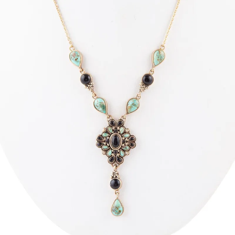 Barcelona Black Onyx and Blue Turquoise Golden Y-Necklace made by Barse