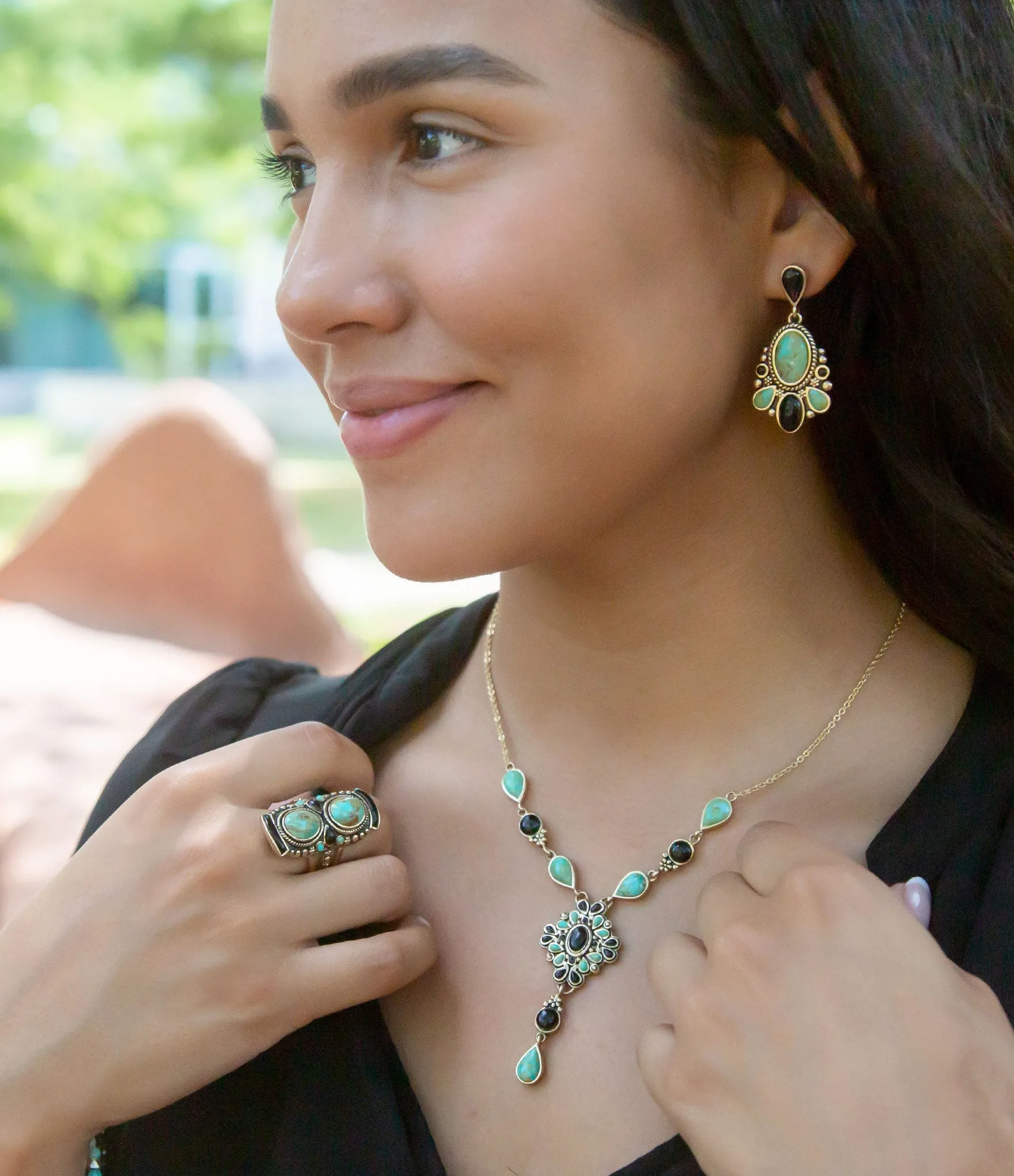 Barcelona Black Onyx and Blue Turquoise Golden Y-Necklace sold by Barse product image thumbnail 2
