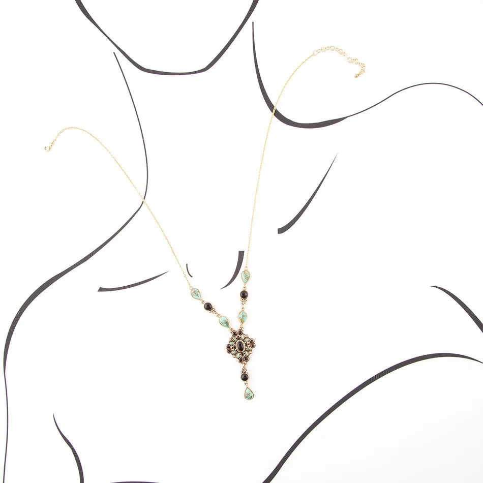Barcelona Black Onyx and Blue Turquoise Golden Y-Necklace sold by Barse product image thumbnail 4
