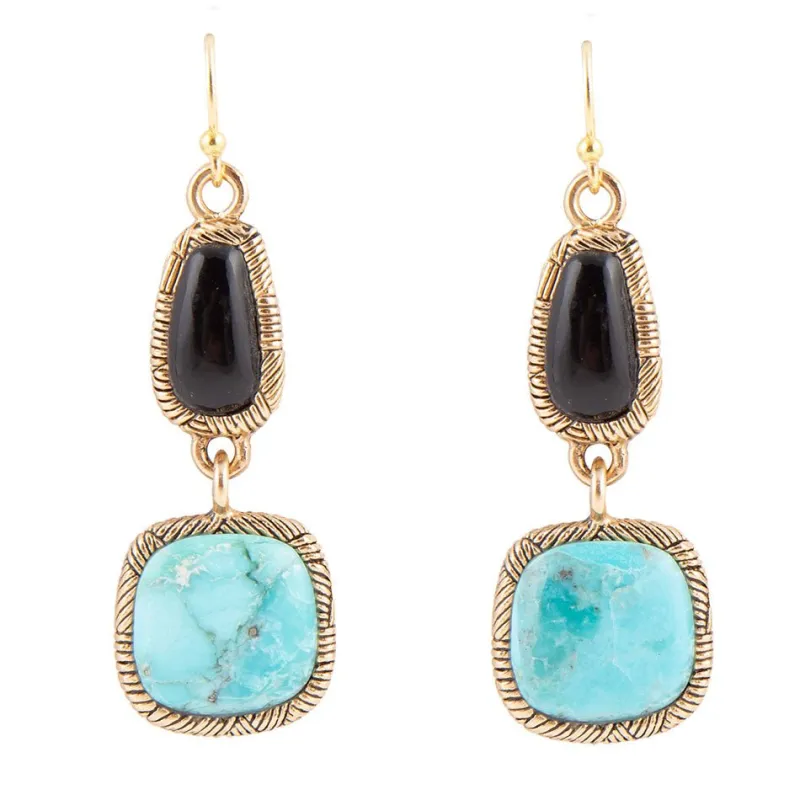 Black Onyx and Blue turquoise Golden Bronze Drop Earrings sold by Barse