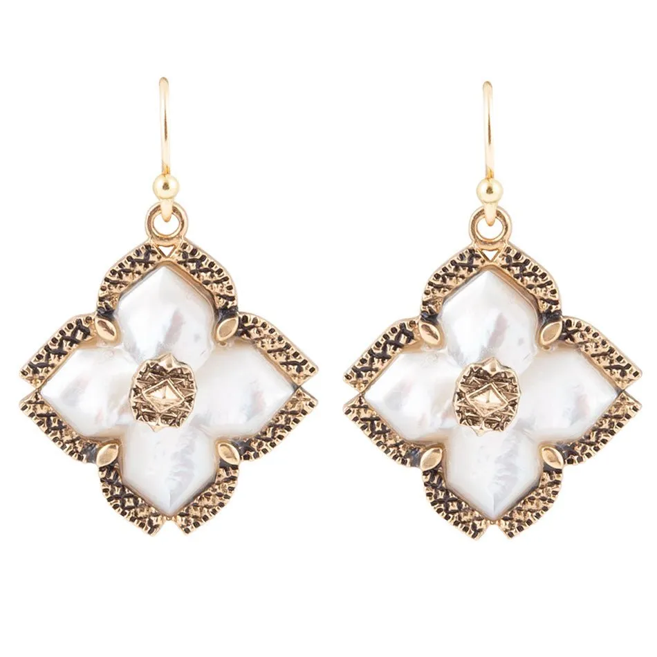 White Mother of Pearl Maltese Cross Golden Drop Earrings sold by Barse
