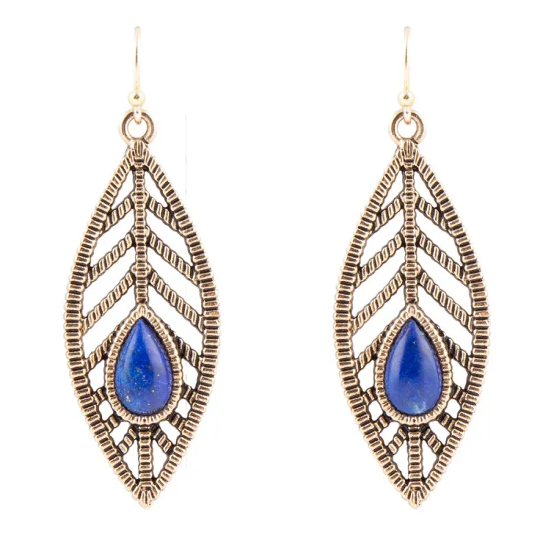 Flourished Blue Lapis Golden Feather Drop Earrings sold by Barse