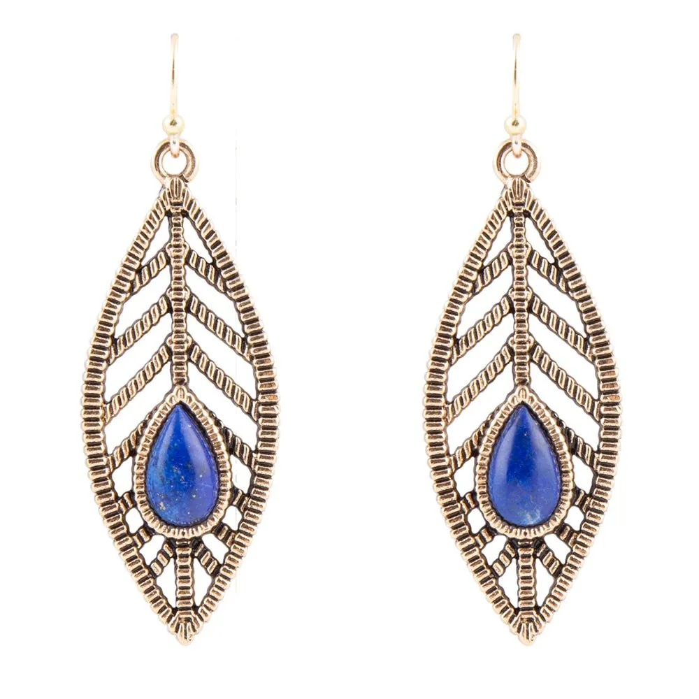 Flourished Blue Lapis Golden Feather Drop Earrings sold by Barse