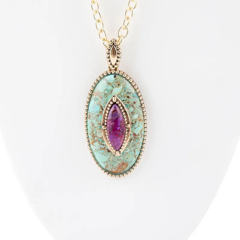 Stacked Stone Blue and Purple Turquoise Golden Pendant Chain Necklace sold by Barse