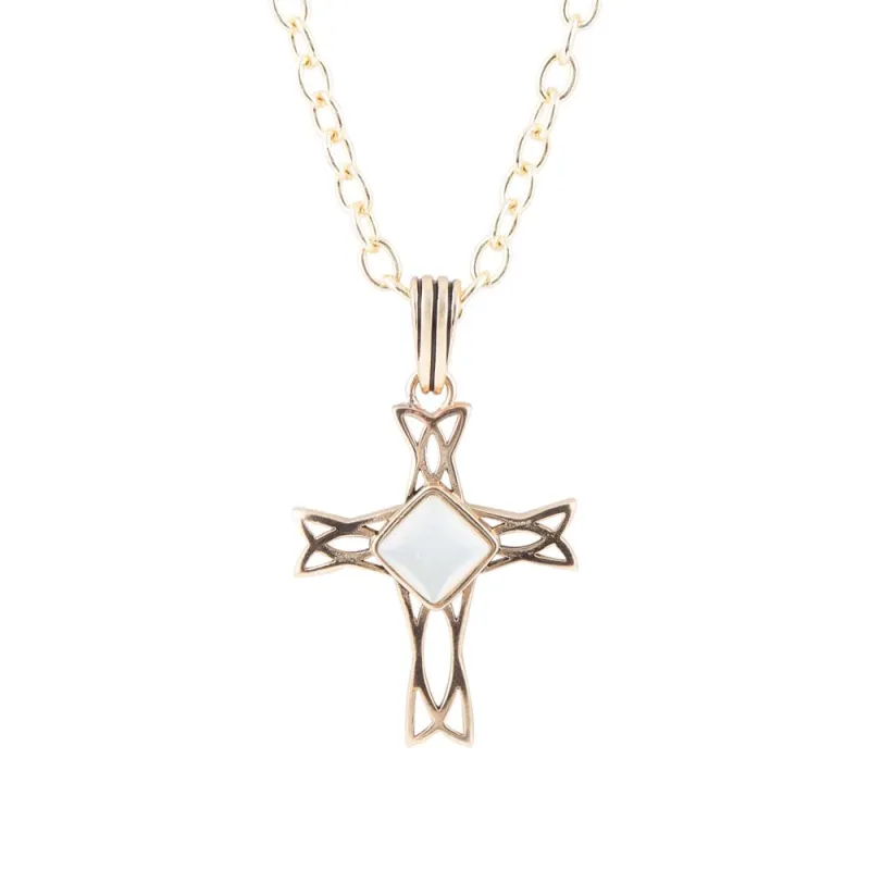 The Light White Mother of Pearl Cross Pendant Golden Necklace sold by Barse
