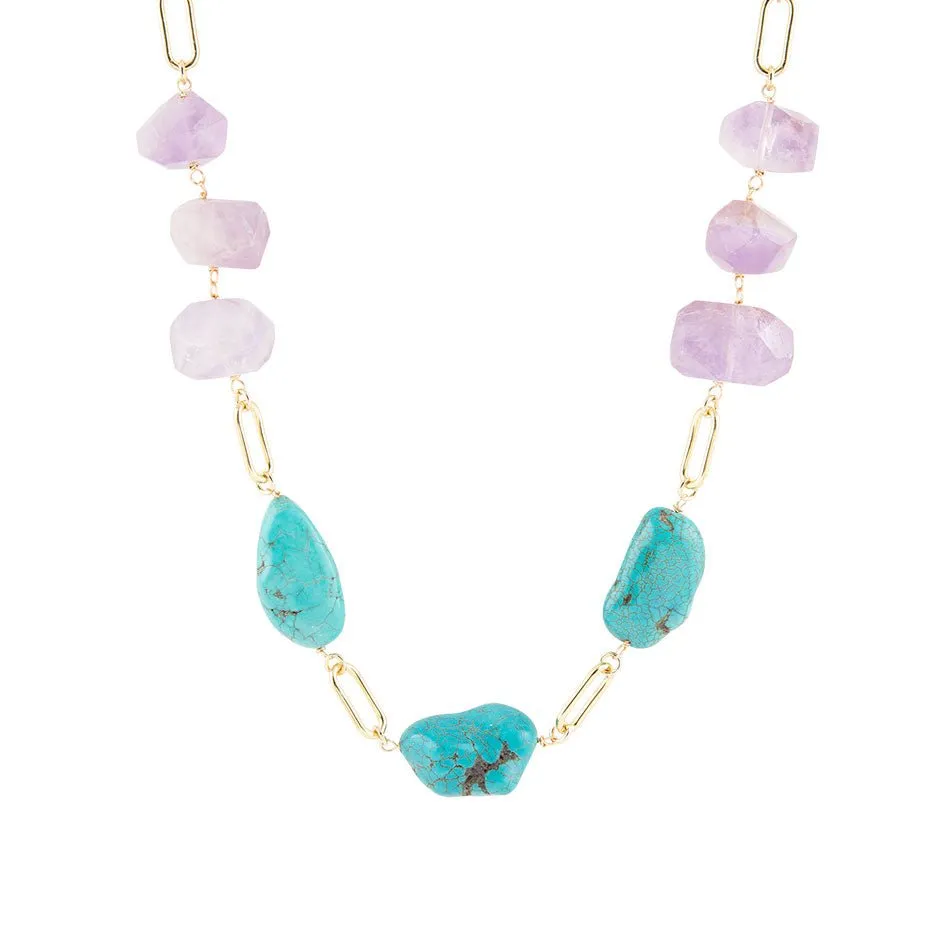 Purple Periwinkle Amethyst and Blue Turquoise Long Golden Necklace sold by Barse
