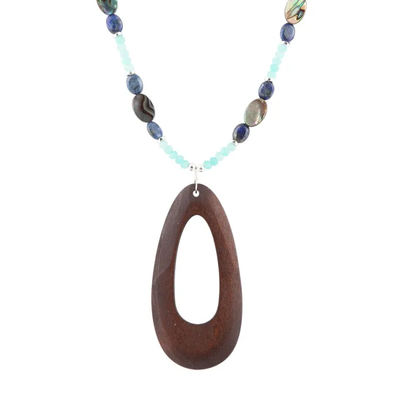 Ajo Blue Abalone and Amazonite Wood Pendant Necklace sold by Barse