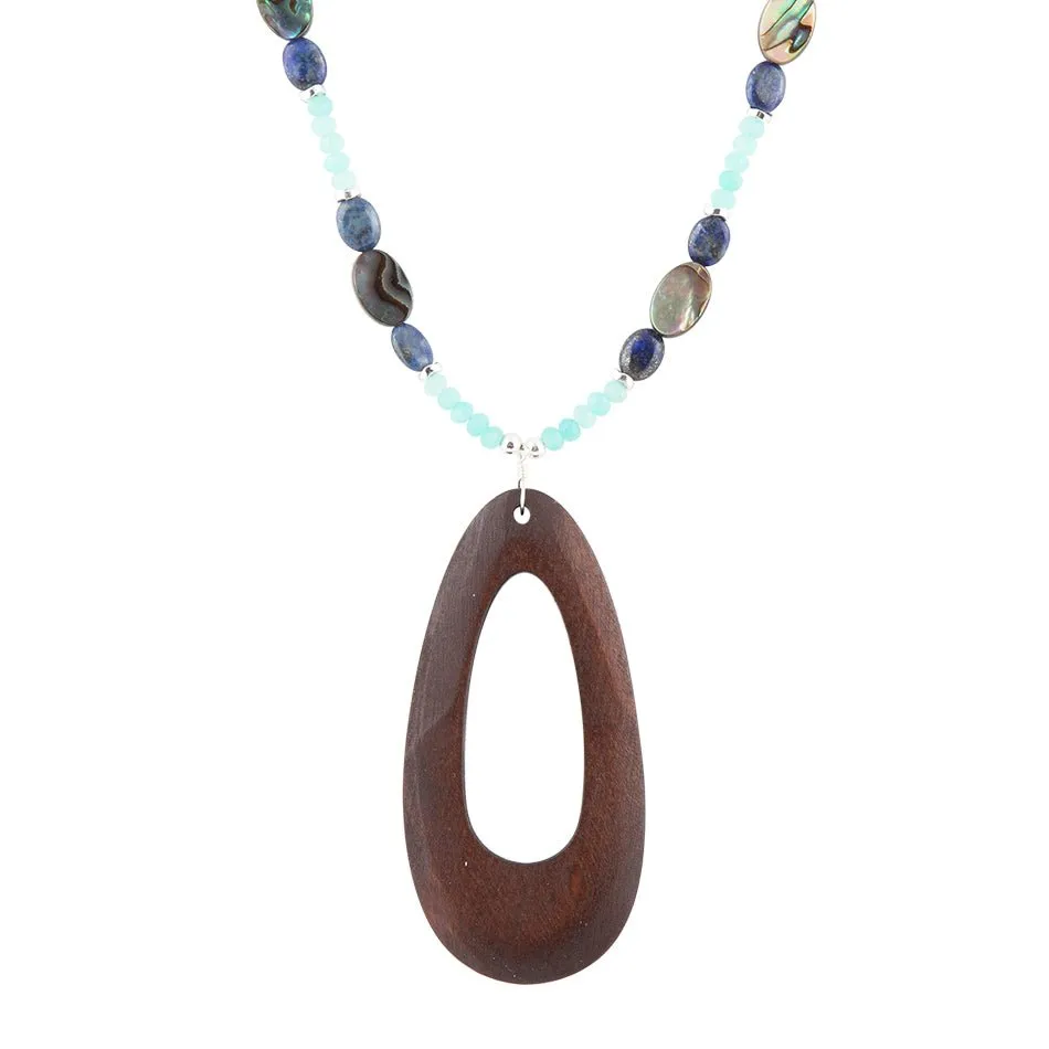 Ajo Blue Abalone and Amazonite Wood Pendant Necklace sold by Barse