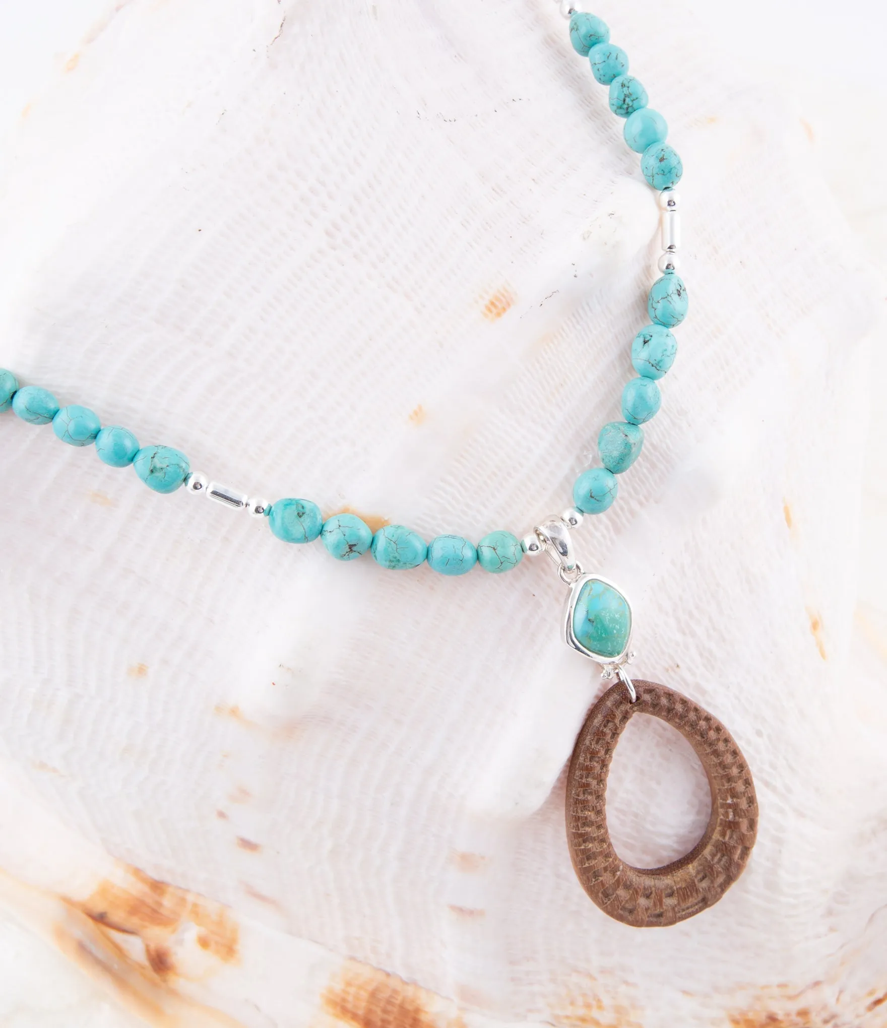 Blue Turquoise and Brown Woven Wood Pendant Sterling Silver Necklace sold by Barse product image thumbnail 2