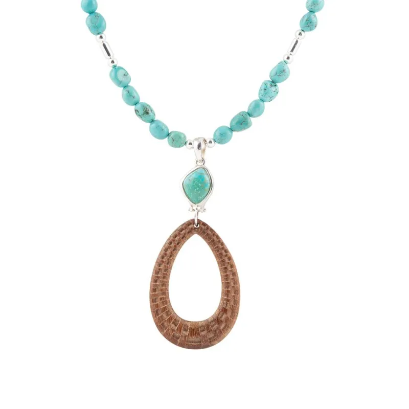 Blue Turquoise and Brown Woven Wood Pendant Sterling Silver Necklace sold by Barse